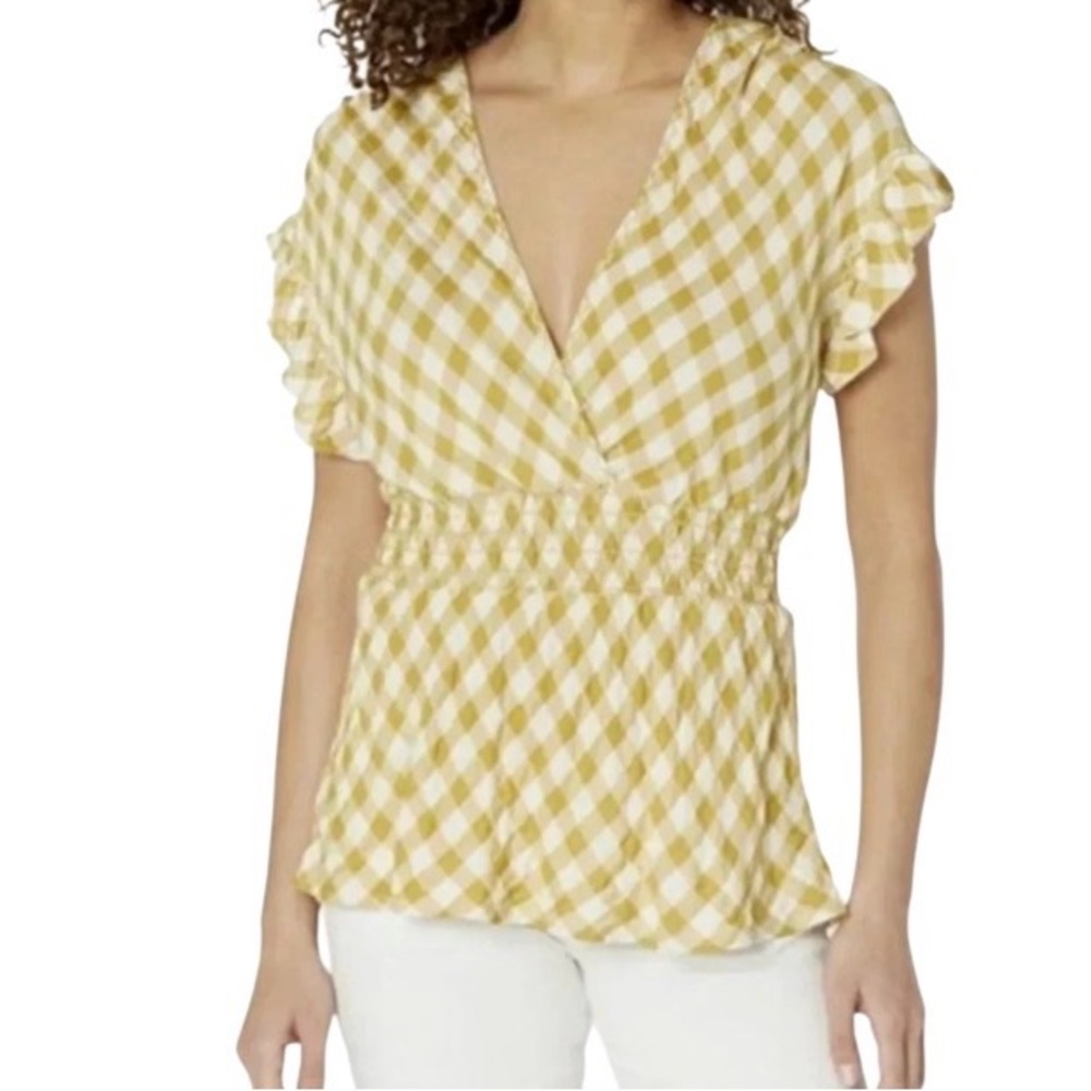 Max Studio Mustard Gingham Smocked V-Neck Blouse Women’s M Ruffle Short  Sleeves